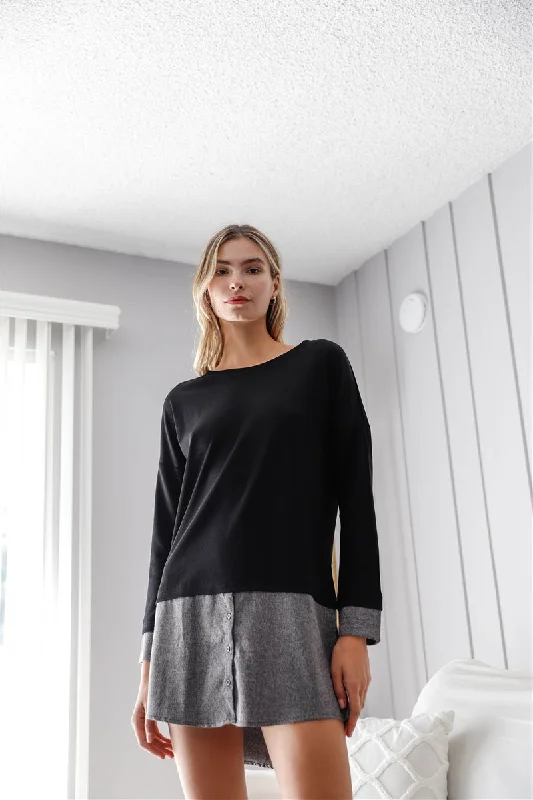 Knit Combo Long Sleeve Sweater Dress in Black Handmade Hand-knitted Hand-woven