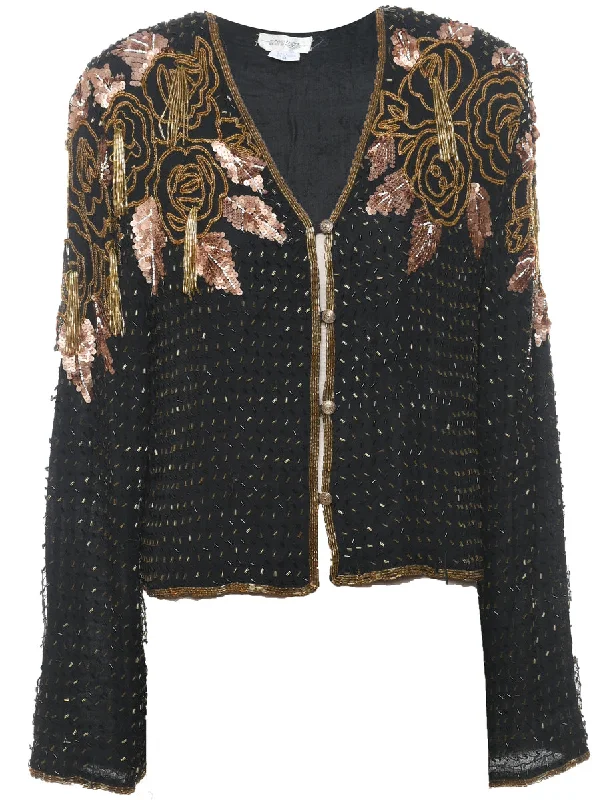 Silk Beaded 1980s Black & Gold Evening Jacket - M Anorak Shell Jacket Lightweight Jacket