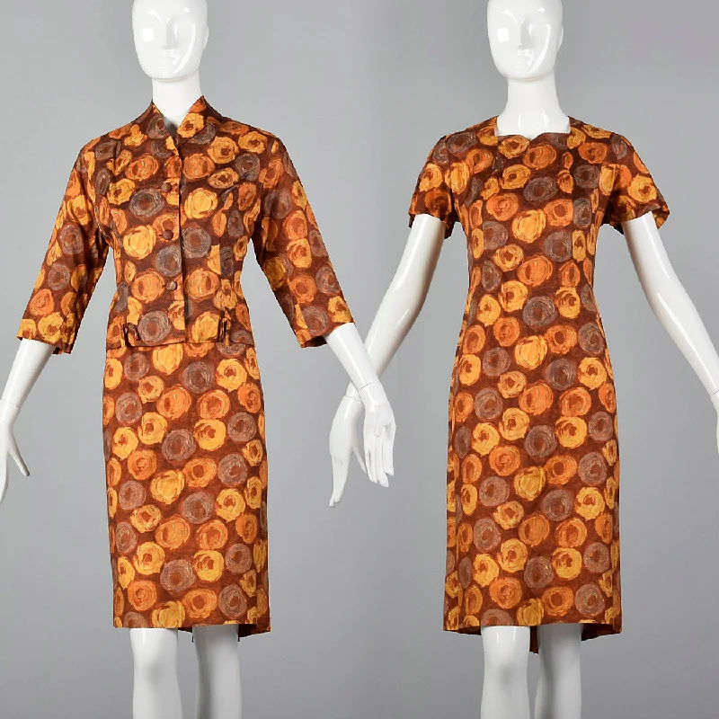 1960s Brown Swirl Print Dress and Jacket Set Tailored Jacket Straight Jacket A-Line Jacket