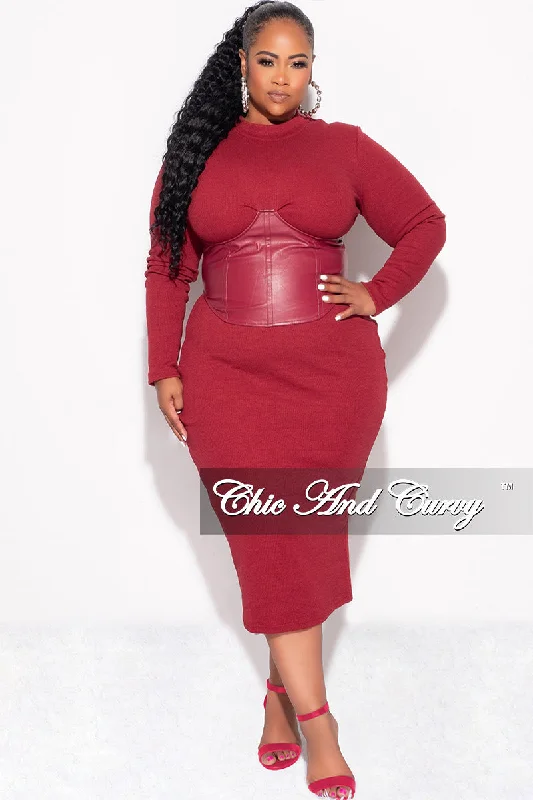 Final Sale Plus Size Thick Knit Sweater Dress with Faux Leather Corset Waist Midi Dress in Burgundy Graphic Sweater Embroidered Appliqued