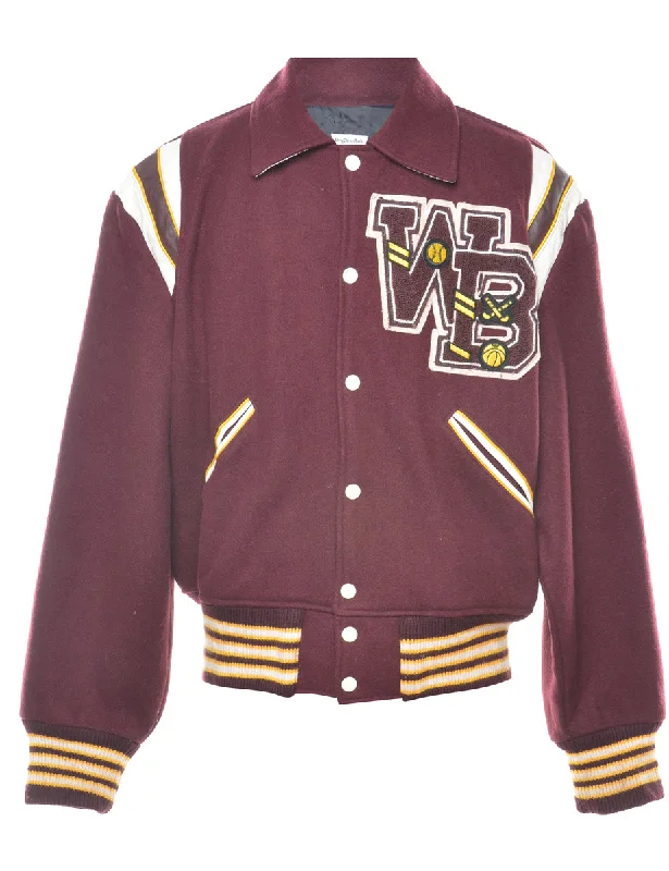 Popper Front Maroon & Yellow Varsity Jacket - L Oversized Jacket Tailored Jacket Straight Jacket