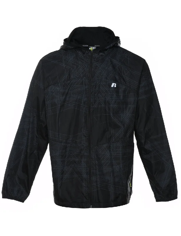 Russell Athletic Black & Grey Patterned Jacket - L Stand-Up Collar Roll-Neck Collar Turtle Neck