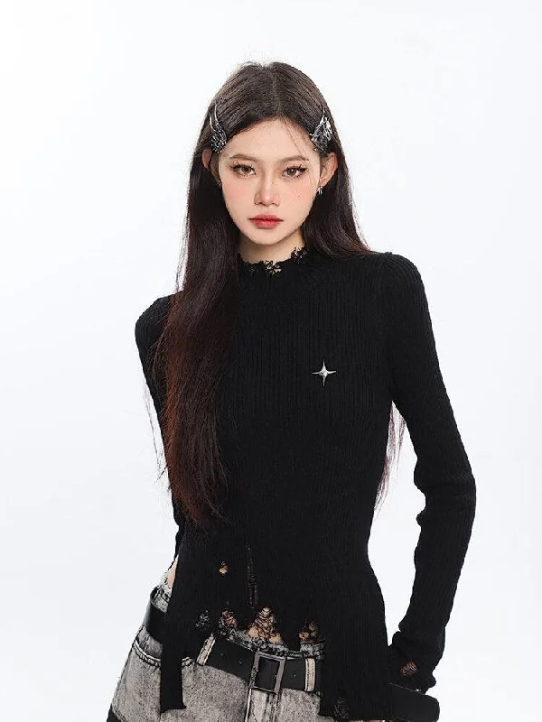 Grunge Turtleneck Distressed Sweater Real Fur Shearling Chenille