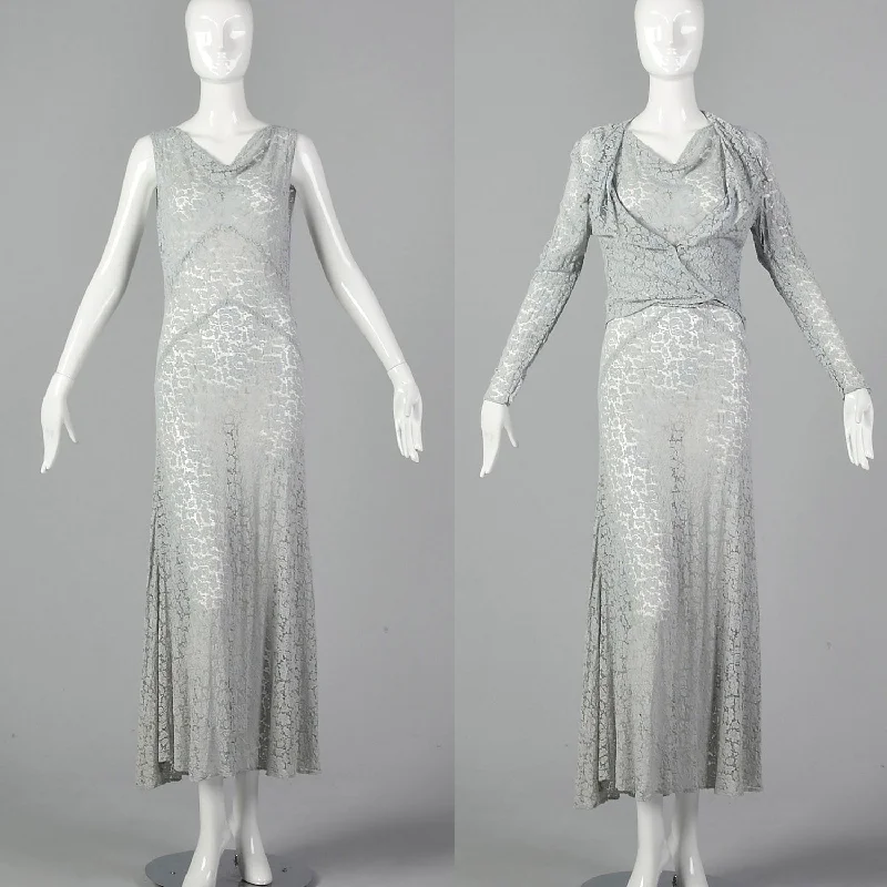 Small 1930s Blue Lace Dress and Jacket Set Chenille Fabric Brocade Fabric Lace Fabric