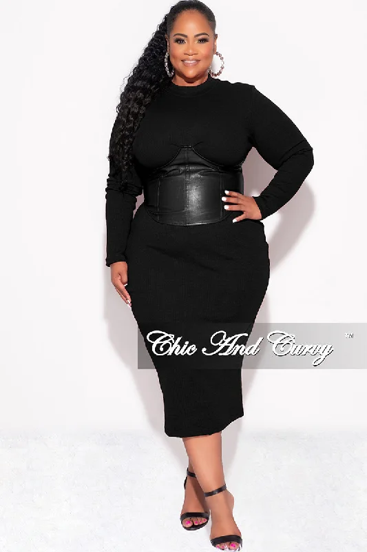 Final Sale Plus Size Thick Knit Sweater Dress with Faux Leather Corset Waist Midi Dress in Black Faux Fur Fabric Real Fur Fabric Shearling Fabric