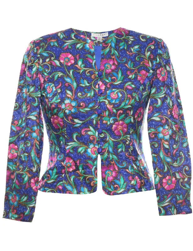 Silk Floral Pattern Jacket - M Front Pockets Side Pockets Patch Pockets