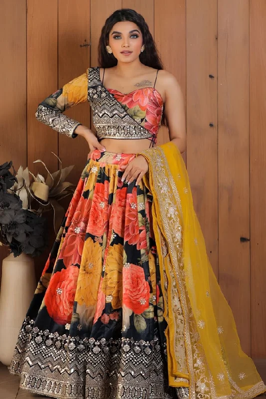 One Shoulder Lehenga Choli With Jacket For Girls Welt Pockets Slit Pockets Flap Pockets