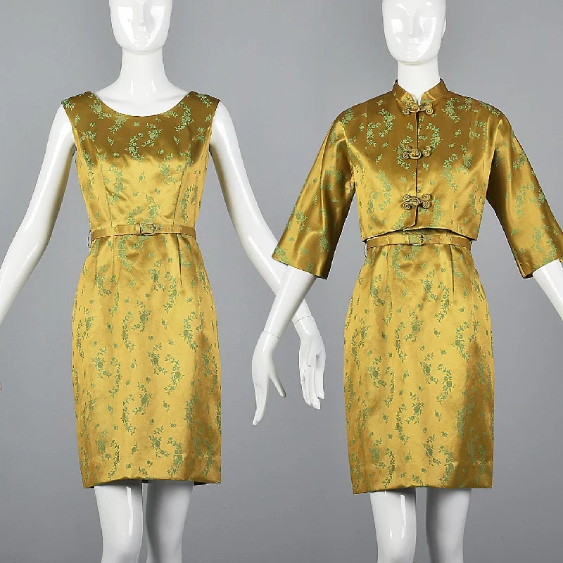1960s Two Piece Dress  and Jacket Set in Mustard and Green Satin Fleece Jacket Down Jacket Feather Jacket