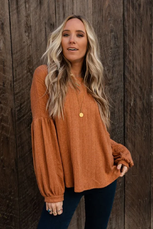 The Nest Sweet Heart Balloon Sleeve Knit Sweater - Burnt Orange Nylon Fabric Polyester Fabric Spandex Fabric