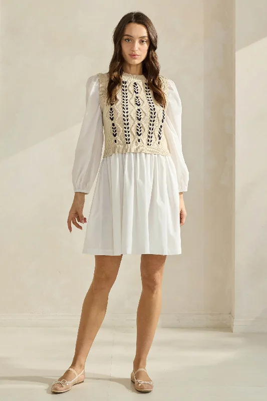 Sweater & Poplin Combo Mini Dress Stretchy Elastic Breathable