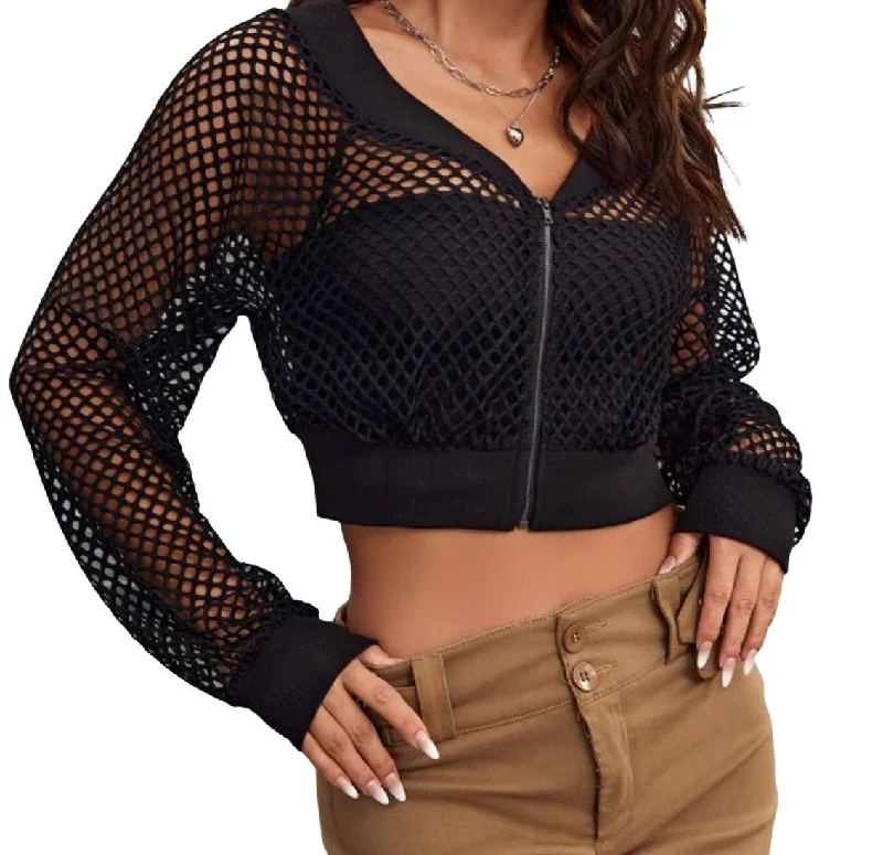 THIGHBRUSH® - Fishnet Cropped Zipper Jacket - Black Zip Front Button Front Snap Front