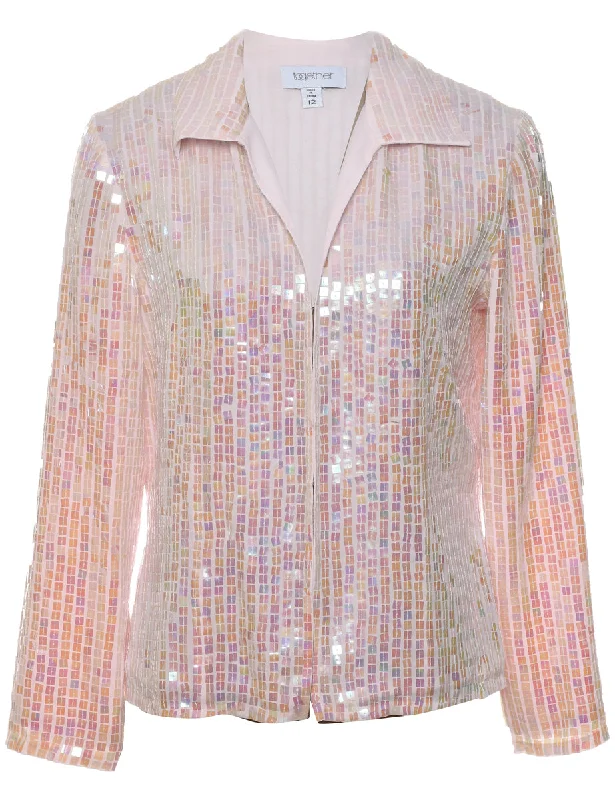 Sequined Pale Pink & Lilac 1990s Zip-Front Evening Jacket - L Insulated Jacket Fitted Jacket Loose Jacket