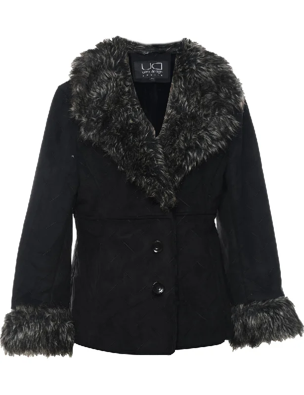 Single Breasted Black Faux Shearling Lined Afghan Jacket - L Notch Collar Peter Pan Collar Cowl Neck