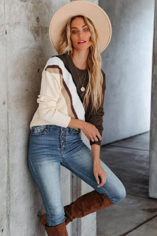 Color Block Ribbed Trim Dropped Shoulder Sweater Hooded Caped Shawl Collar