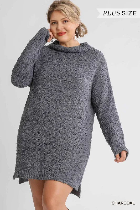 High Cowl Neck Bouclé Long Sleeve Sweater Dress in Charcoal Oversized Loose Flowy