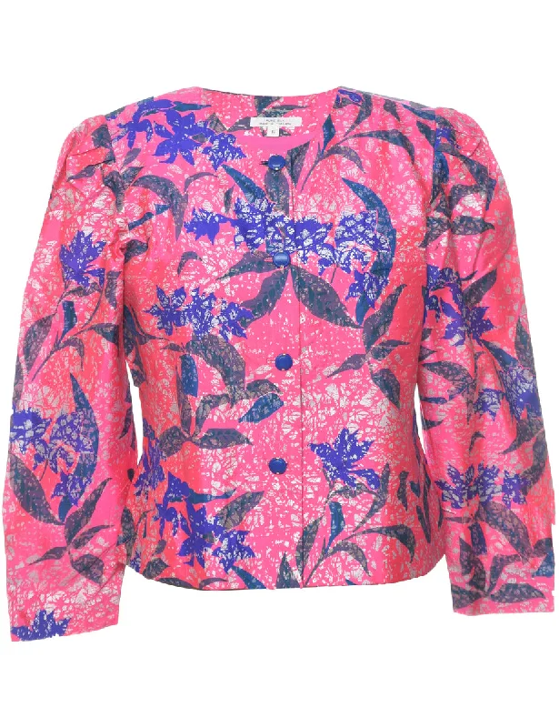 Silk Floral Pattern Jacket - L Zip Front Button Front Snap Front
