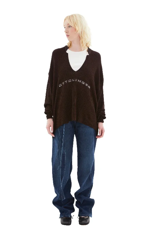 Knit Open Collar Sweater (Brown) Stretchy Elastic Breathable