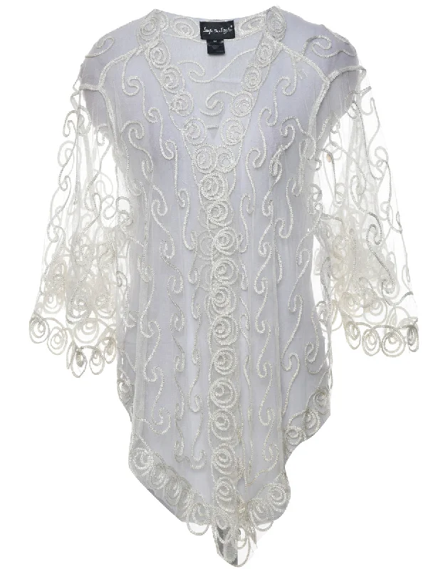 Sheer  Embroidered Off White Jacket - M Welt Pockets Slit Pockets Flap Pockets