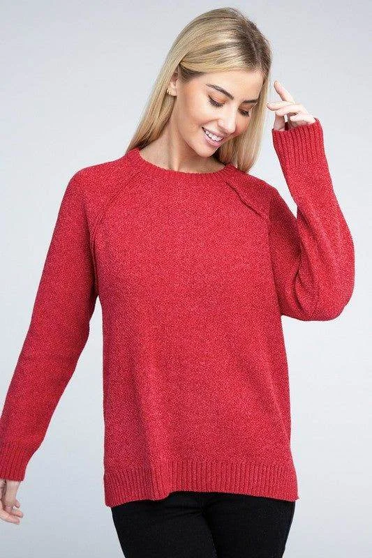 Zenana Raglan Chenille Sweater Neon Metallic Matte