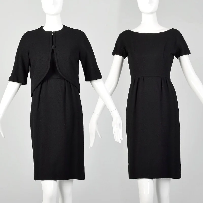 XS 1960s Black Dress Set and Matching Jacket Wool Jacket Cashmere Jacket Tweed Jacket