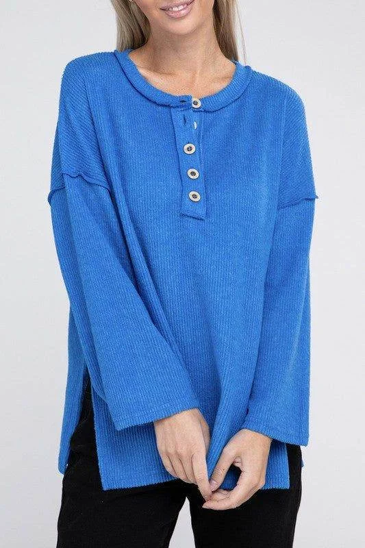 ZENANA Ribbed Brushed Melange Hacci Henley Sweater Elegant Classic Vintage