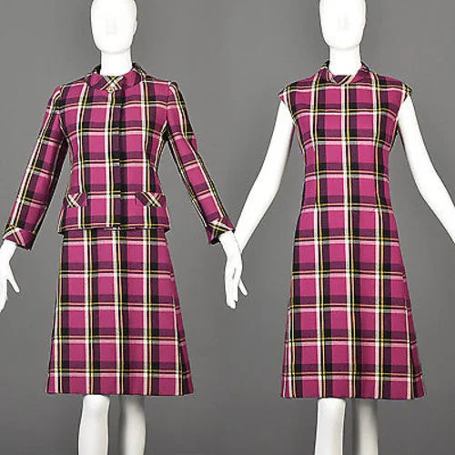 1960s Christian Mann for Marquise Plaid Two Piece Dress and Jacket Set Lace Jacket Ribbed Jacket Sequined Jacket
