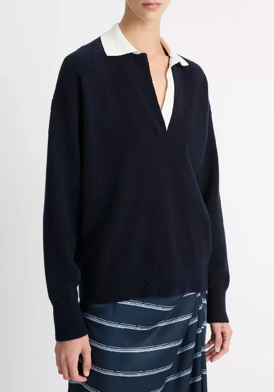 Contrast-Collar Wool-Blend Polo Sweater Graphic Sweater Embroidered Appliqued