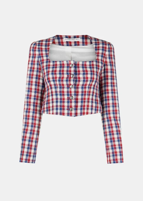 Blue/Red Checked Squared Neck Jacket Zippered Front Buttoned Front Snap Front