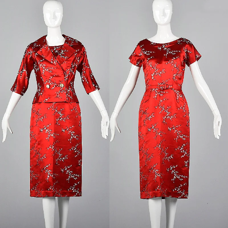 1960s Red Brocade Dress and Jacket Set Denim Jacket Leather Jacket Suede Jacket