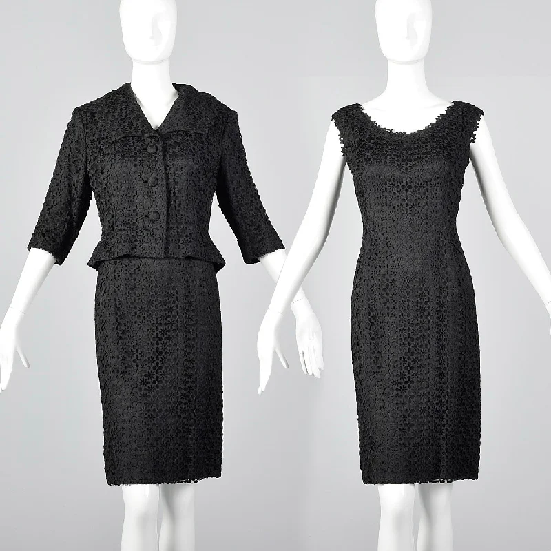 1950s Black Dress and Jacket Set in Hand Loomed Spiderweb Lace Rayon Jacket Velvet Jacket Corduroy Jacket