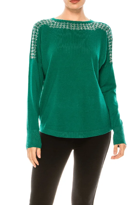 Aaeda Long Sleeve Rhinestone Sweater Top (Additional Colors) Chenille Brocade Lace