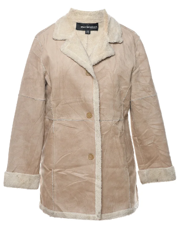 Single Breasted Beige Suede Shearling Lined Jacket - M A-Line Jacket Boat Neck Shawl Collar