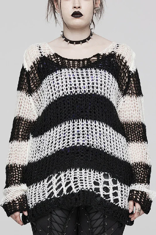 Round Collar Striped Print Irregular Ripped Women's Gothic Sweater 4 Colors Chenille Brocade Lace