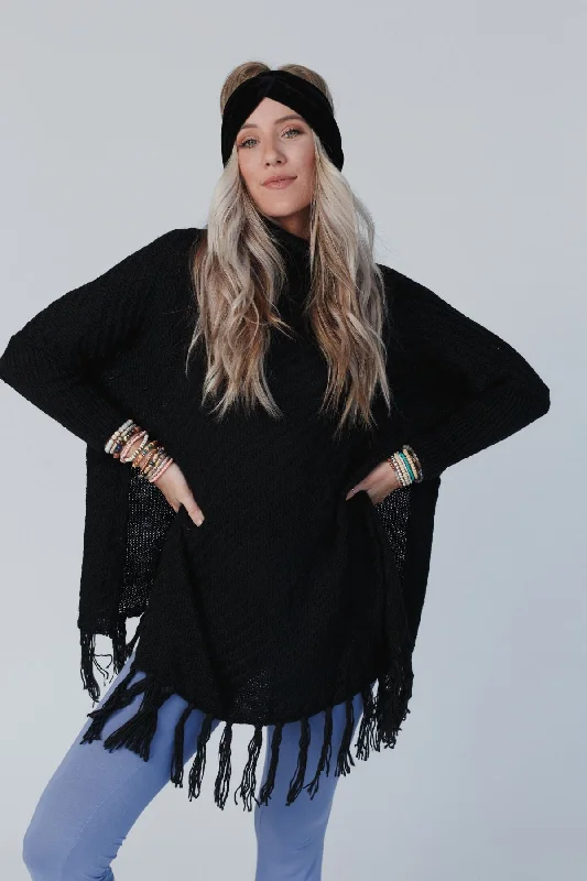 Paloma Poncho Sweater - Black Mesh Blend Leather Blend Suede Blend