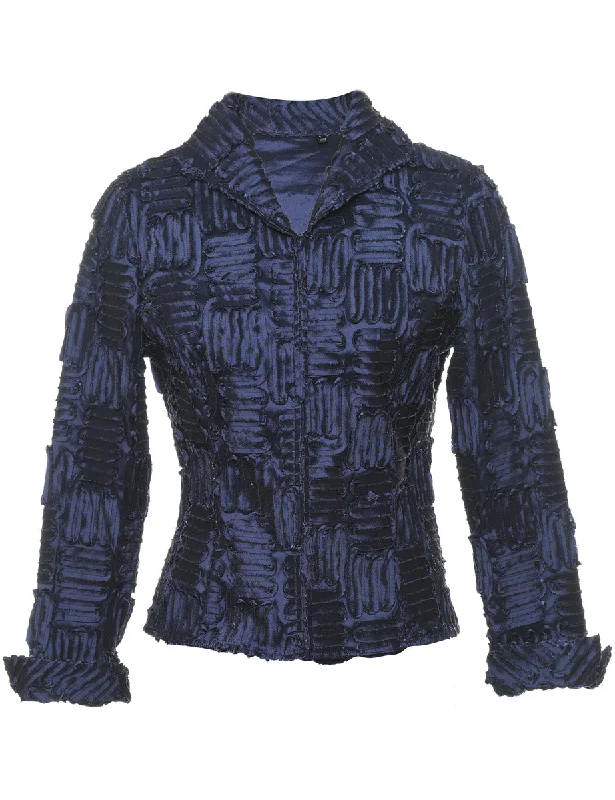 Purple Metallic Textured Zip-Front Evening Jacket - S Welt Pockets Slit Pockets Flap Pockets