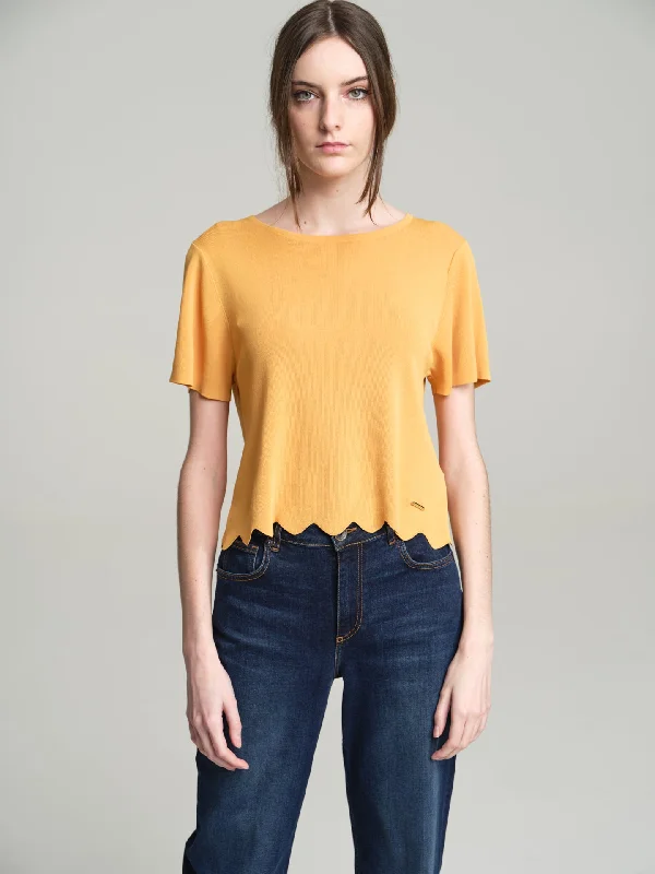 Sweater with scalloped hem Beaded Sweater Sequined Faux Fur