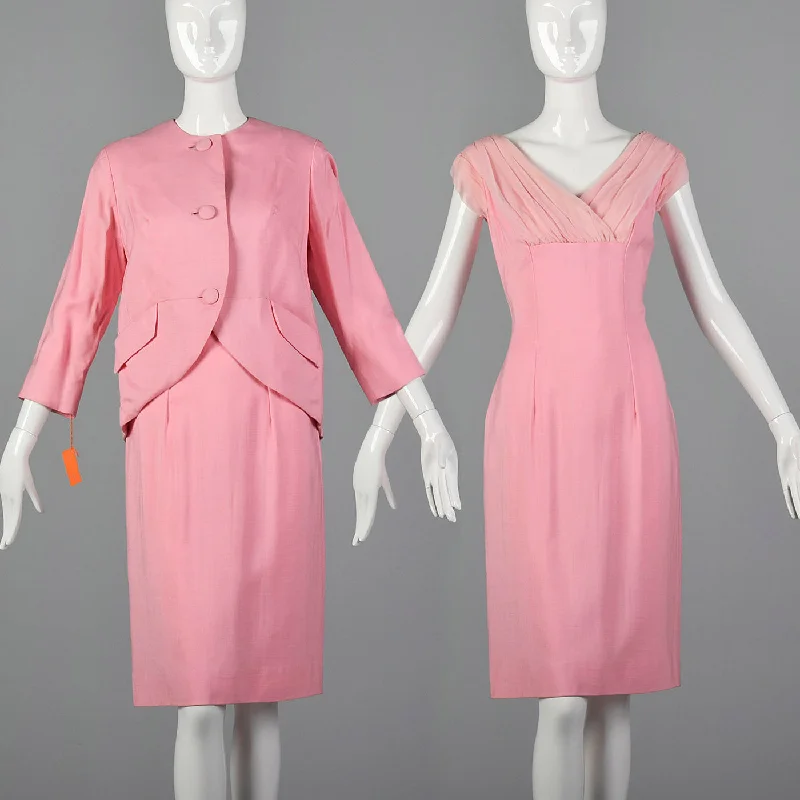 1960s Lilli Diamond Deadstock Pink Wiggle Dress and Jacket Set Nylon Jacket Polyester Jacket Spandex Jacket