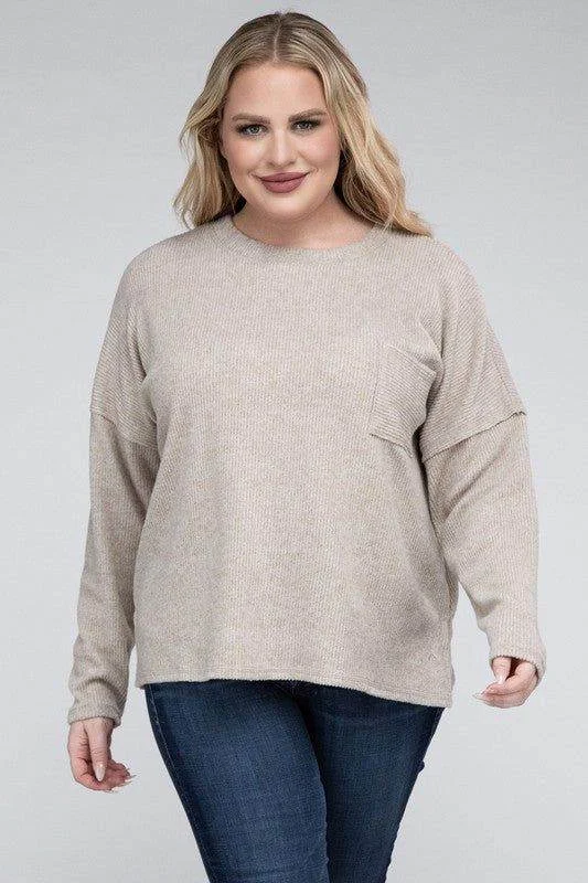 ZENANA Plus Ribbed Brushed Melange Hacci Sweater Tailored Straight A-Line