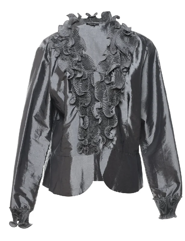 Silver Ruffled Evening Jacket - L Insulated Jacket Fitted Jacket Loose Jacket