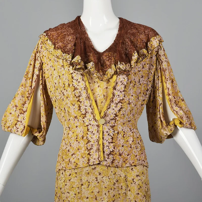 1930s Yellow Floral Dress with Open Sleeve Jacket Plaid Jacket Tartan Jacket Houndstooth Jacket