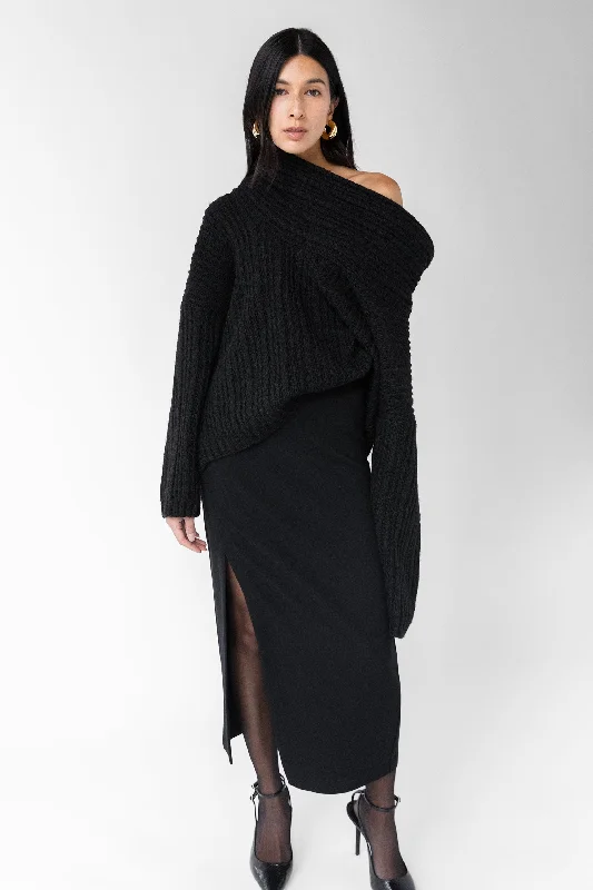 OVERSIZED SLOUCHY OFF THE SHOULDER SWEATER Denim Fabric Leather Fabric Suede Fabric