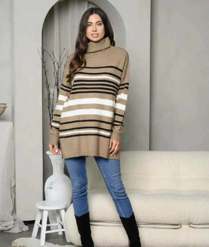 Long Sleeve Turtle Neck Stripes Tunic Sweater High Neck Crew Neck V-Neck
