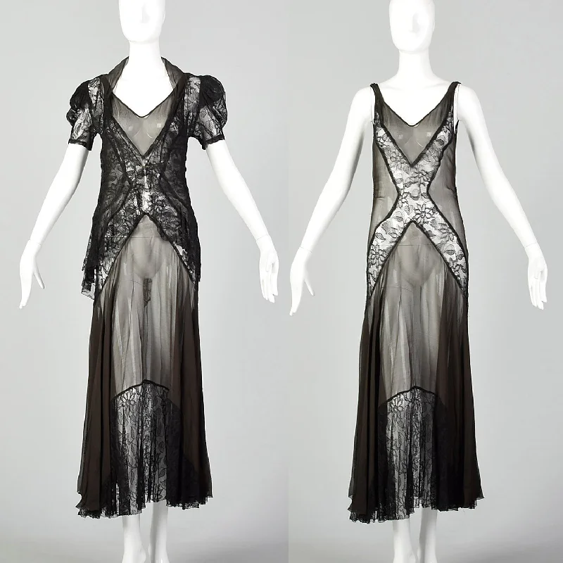 XS 1930s Sheer Black Silk and Lace Dress and Jacket Mesh Jacket Canvas Jacket Denim Jacket