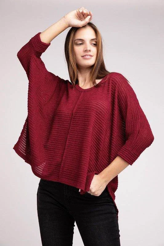 Zenana 3/4 Sleeve V-Neck Hi-Low Hem Jacquard Sweater Fleece Sweater Nylon Polyester