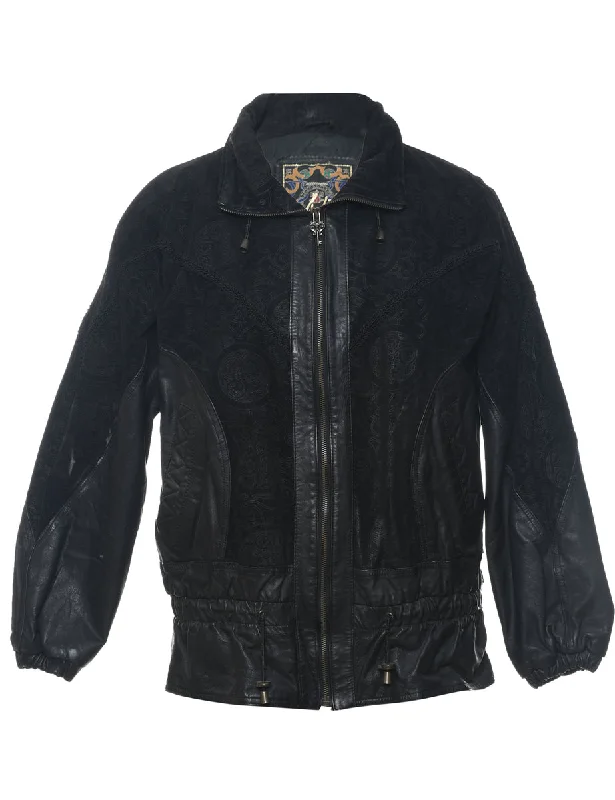 Patterned Black 1980s Zip-Front Suede Jacket - L Tiered Jacket Buttoned Jacket Zippered Jacket