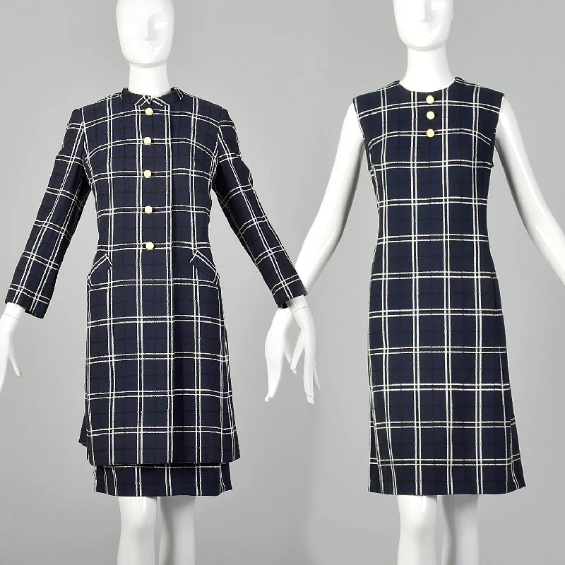 Large 1960s Navy Plaid Dress and Jacket Set A-Line Jacket Boat Neck Shawl Collar