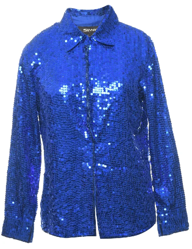Sequined Blue Sparkly Evening Jacket - M Chenille Jacket Brocade Jacket Lace Jacket