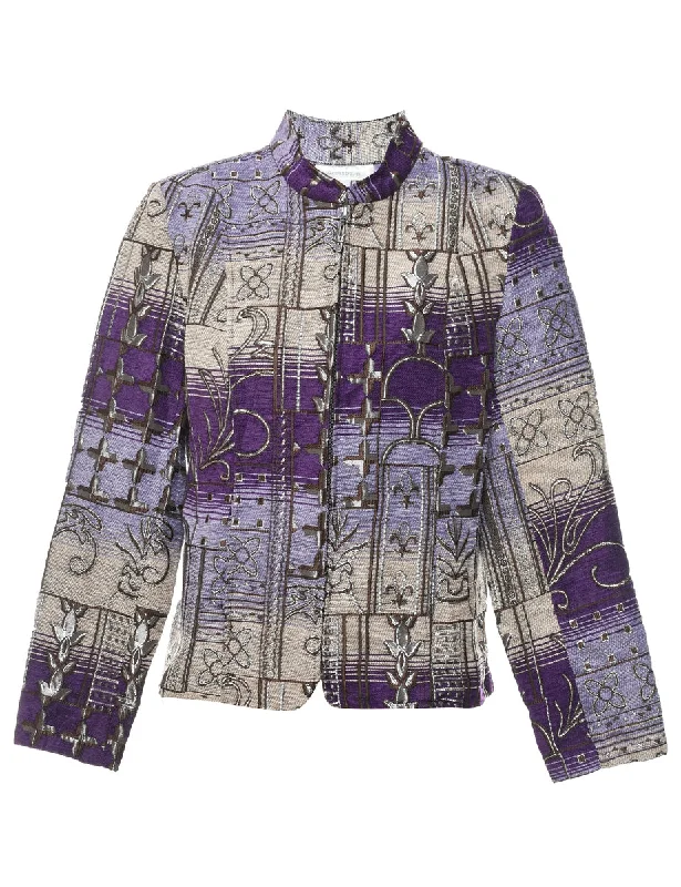Purple Floral Tapestry Jacket - M Stand-Up Collar Roll-Neck Collar Turtle Neck