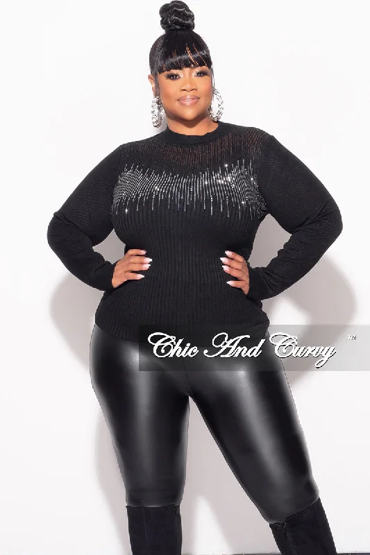 Final Sale Plus Size Ribbed Rhinestone Sweater Top in Black Ribbed Striped Patterned