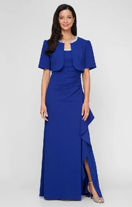 Long Stretch Crepe Bolero Jacket Dress with Embellished Square Neckline & Jacket and Cascade Ruffle Detail Skirt Notch Collar Peter Pan Collar Cowl Neck